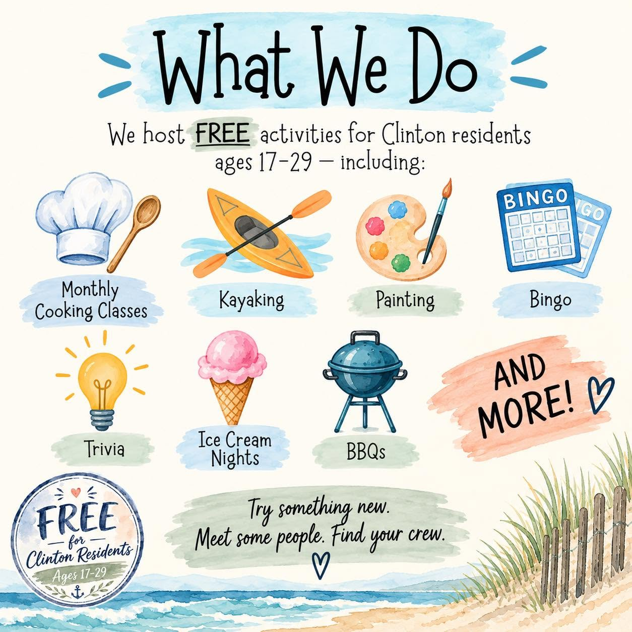 A colorful flyer titled 'What We Do' lists free activities for Clinton residents aged 17-29, including cooking, kayaking, painting, and bingo.